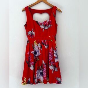 ❤️ Red Dress Heart Cutout Zip-Back Floral Tea & Cup LA Skater Skirt Sz M